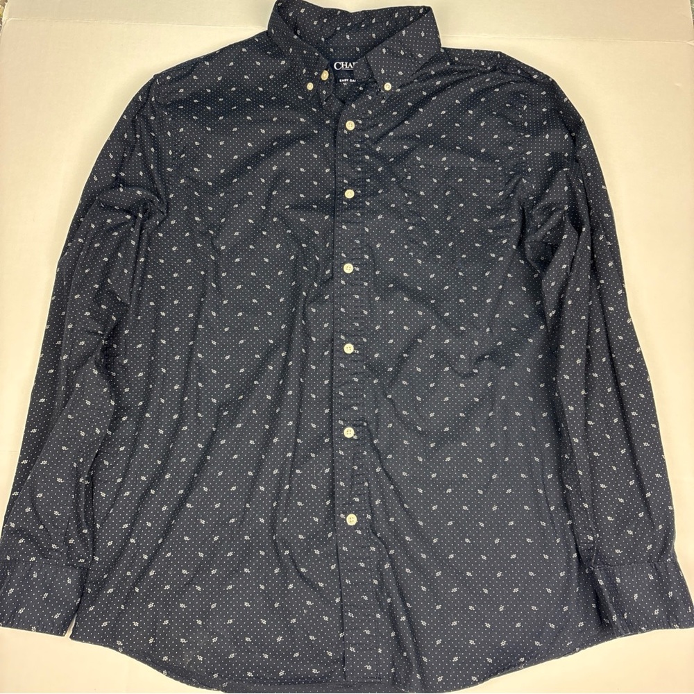 Chaps Mens XL Button Up Shirt Navy Blue Leaves Polka Dot Long Sleeve Cotton Poly